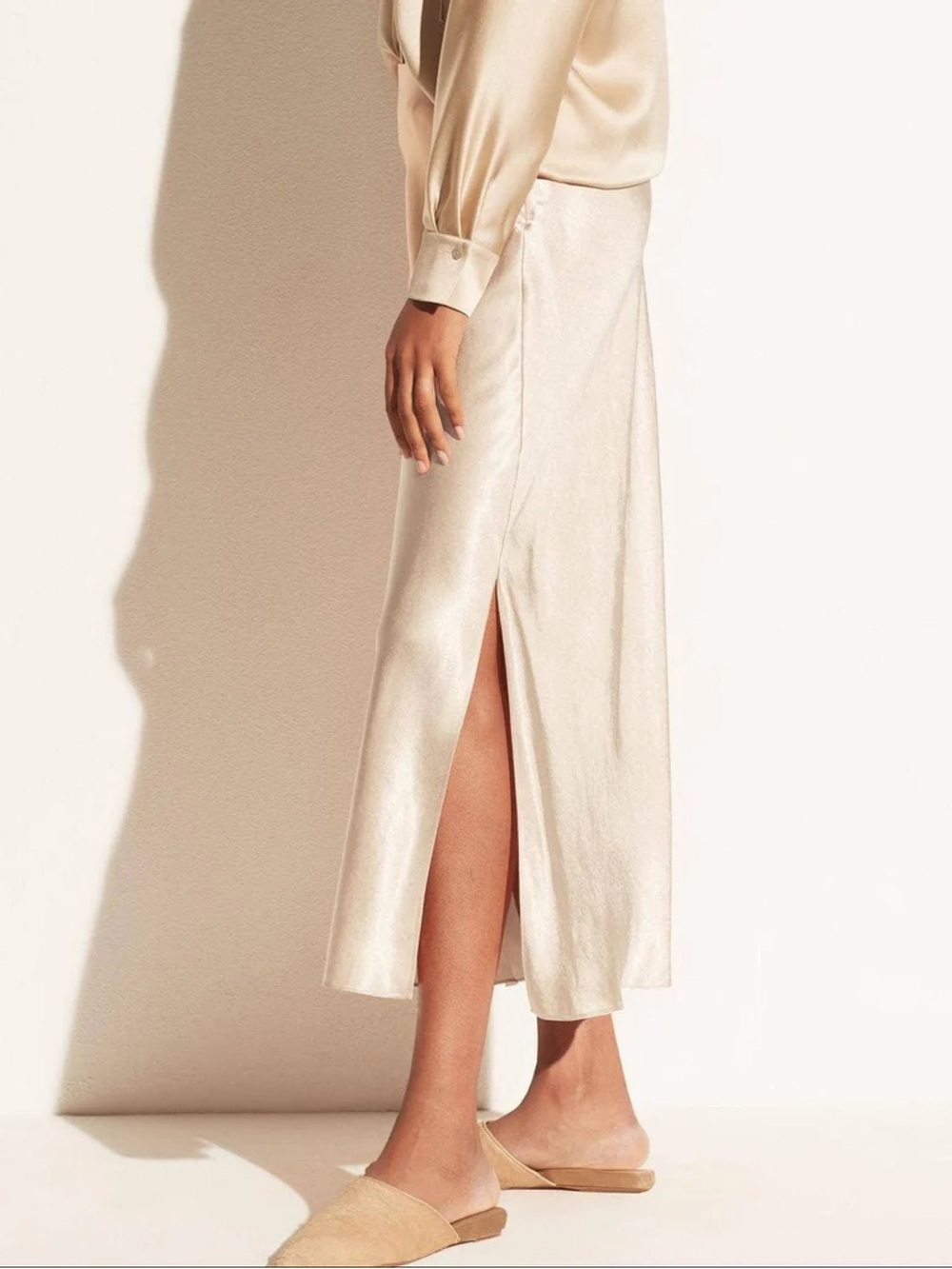 Babaton Satin Maxi Skirt in Light Cream with Side Slit - Picture 2 of 8